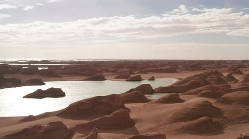 Surreal Desert Landscape with Water Pools Aerial View