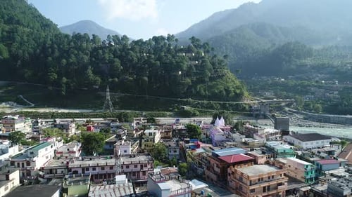 City of Uttarkashi in the state of Uttarakhand in India seen from the sky
