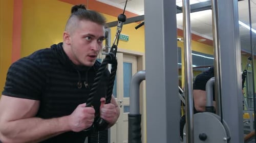 Muscular Body Builder Working Out at the Gym on a Cable Machine