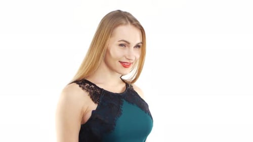 Smiling Woman Posing in Front of White Background