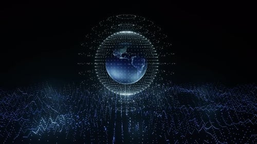 4K Artistic infographics binary numbers tunnel and Earth globe rotation. Technology Network Data Con