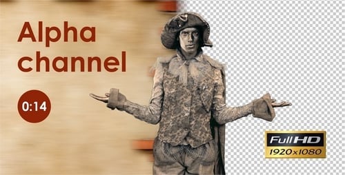 Living Statue Holds Orange and Apple