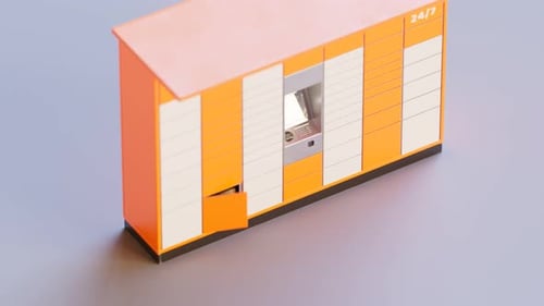 Package delivery process. The cardboard box is delivered to the parcel locker 4K