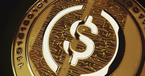 USDC USD Coin stablecoin cryptocurrency golden coin loop on digital screen