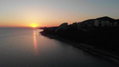 Aerial View of the City, Standing on the Coast, From the Sea. Sea View of the City Beach