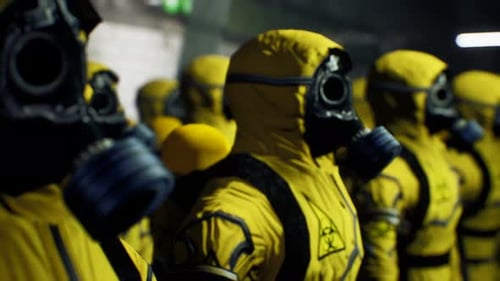 A Row of Yellow Hazmat Suit Characters with Gas Masks