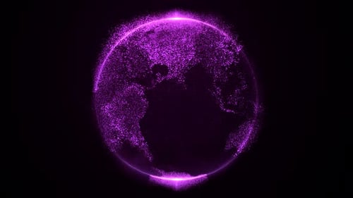 Futuristic Digital Earth Globe Rotation with Purple Particle Effects