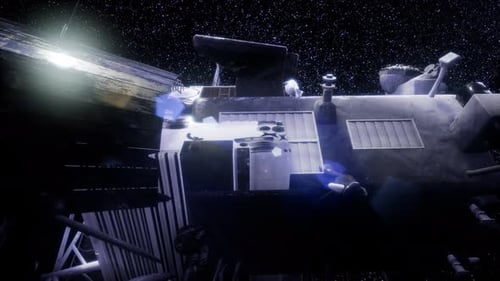 Futuristic Spacecraft Rotating in Deep Space with Twinkling Stars