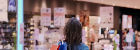 Rear view of woman with shopping bags in shopping mall