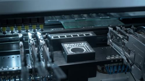 Assembly of Computer Circuit Board Automatic SMD Pick and Place Machine During Work