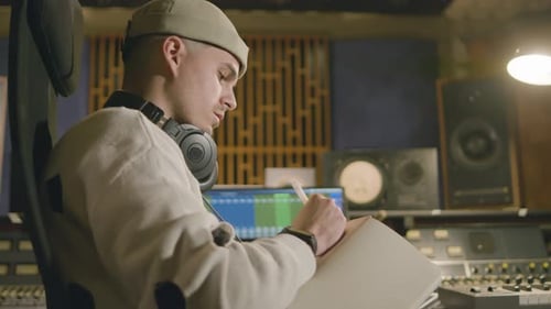 Young Caucasian Man Working at Music Recording Studio