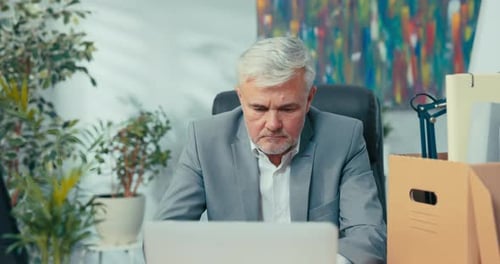 Silver Haired Man Working at Desk on Laptop