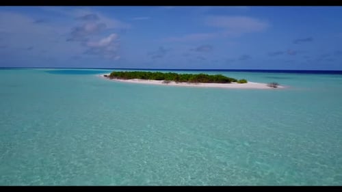 Aerial flying over nature of luxury coast beach wildlife by clear ocean with clean sandy background