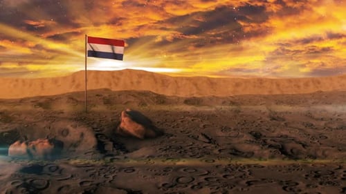 Netherlands Flag Waving on Alien Planet at Sunset