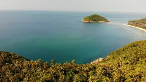 Aerial Drone View Small Koh Ma Island, Ko Phangan Thailand. Exotic Coast Panoramic Landscape, Mae