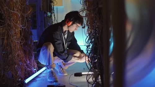 Technician Squatting Between Data Center Rows Working on Cables