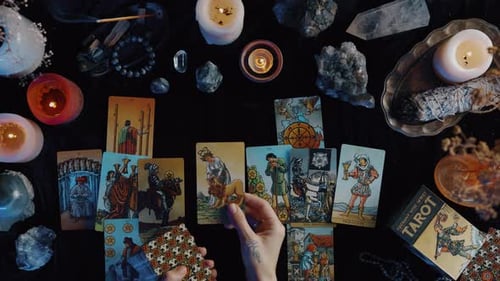 New York, USA, 1. Mai 2021, Wahrsagerin, liest eine Zukunft anhand von Tarotkarten, während sie sie hineinlegt