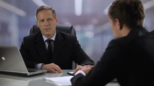 Arrogant Male Hirer Listening Applicant During Job Interview and Laughing, Fail