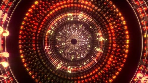 Animated Golden Music Notes in Abstract Glowing Tunnel Loop