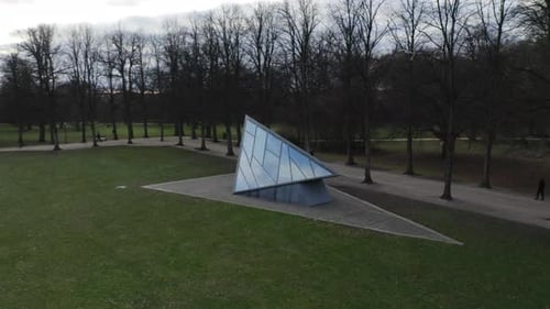 Drone Over The Glass Entrance To Museum