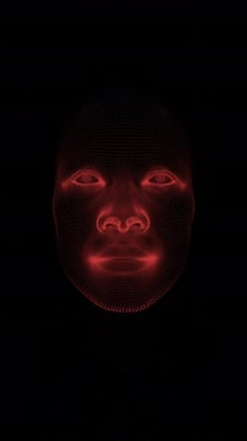 Futuristic Digital Wireframe Face Glowing Red and Blue