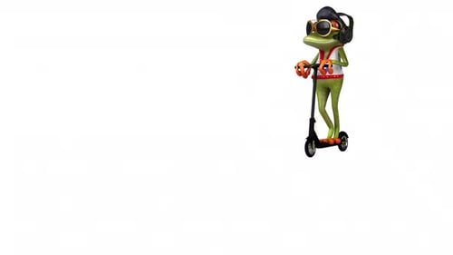 Animated Elvis Frog Riding Scooter with Headphones and Sunglasses