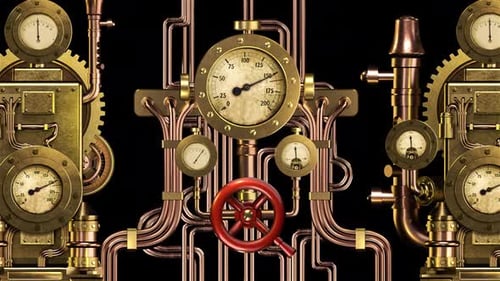 Steampunk Mechanical Gears and Pipes with Gauges Animation