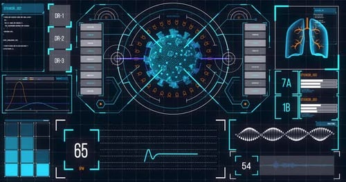Animation der auf einem Bildschirm analysierten Makro-Coronavirus-Covid-19-Zelle mit medizinischen Informationen