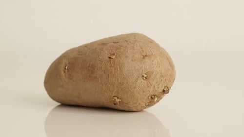 Raw Potato Sitting on White Reflective Surface