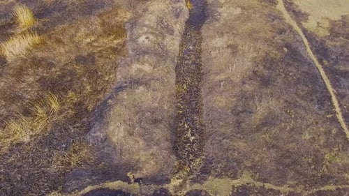 Aerial View of Burnt Meadow After Burning Caused By Drought and Climate Change