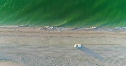 Car drives along the sandy seashore. Aerial view
