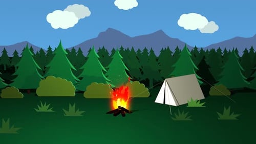 Campen Sie in der Wildnis. Campingplatz mit dem brennenden Feuer und dem weißen Zelt.