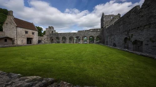 Panorama motion time lapse of Boyle Abbey medieval ruin in county Roscommon in Ireland as a historic