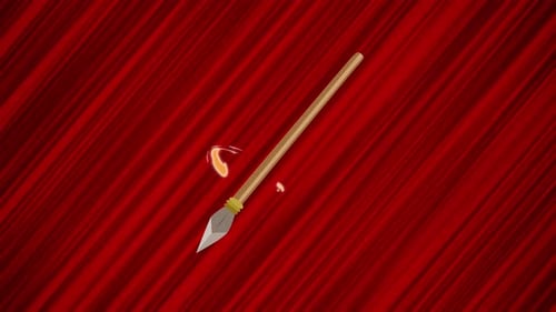 Flying spear on red background. Looped animation of throwing harpoon. Moving spear. Javelin throw.