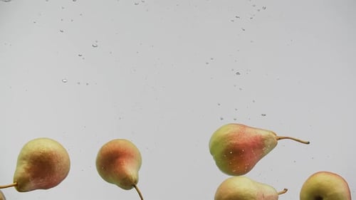 Yummy Fruits Red and Yellow Pears Falling Into Water with Splash and Air Bubbles White Background
