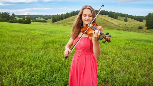 Violinist Plays on a Green Meadow