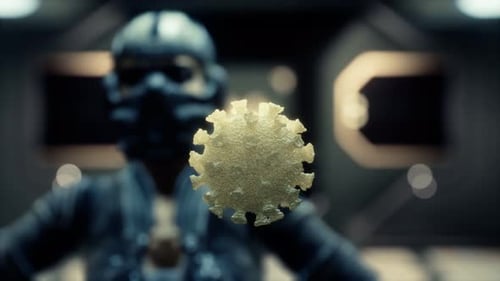 Woman in Protective Medical Mask on Her Face Looking at COVID-19 Coronavirus