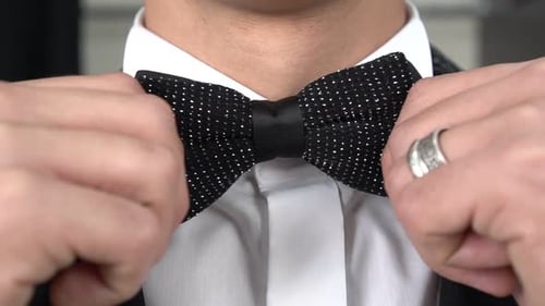Man Adjusts Black Bow Tie Close Up