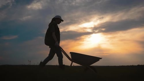 Silhouette of Farmer Pushing Wheelbarrow at Sunset