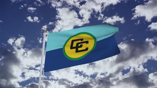 CARICOM Flag Waving Animation with Blue Sky and Clouds
