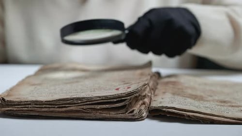 Historian Scientist in Gloves Reading Antique Book with Magnifying Glass
