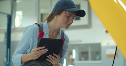Female Car Mechanic Using a Digital Tablet While Doing Routine Maintenance Check-up on a Car in a