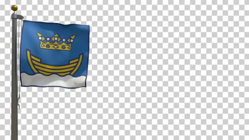 Waving Blue Flag with Gold Boat and Crown Symbol