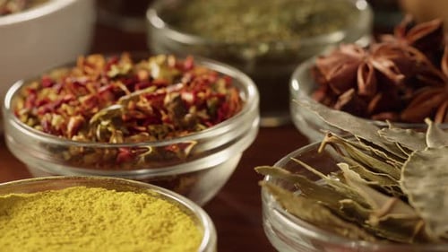 Assortment of colorful culinary spices close up