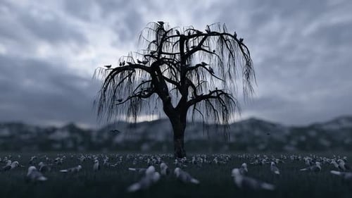 Haunting Silhouetted Tree with Crows and Fallen Birds