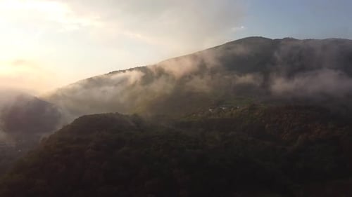 Misty Fog Above Hills Aerial View