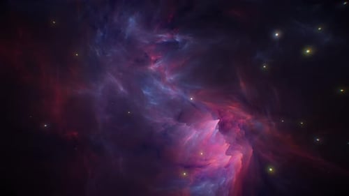 Weltraumfliegen in rosa Nebel und Sternen