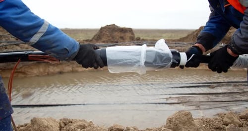 Workers Connecting Electrical Cable in Rural Construction Site