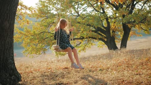 Niña feliz en el columpio en el atardecer dorado