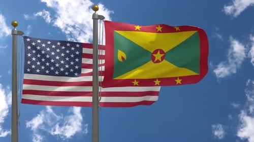 USA-Flagge gegen Grenada-Flagge auf Fahnenmast